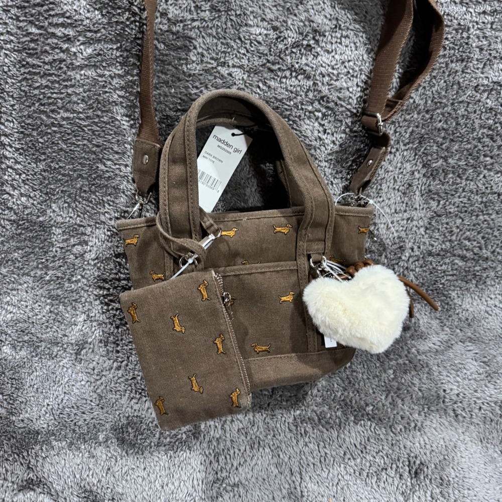Madden Girl Dark Brown Canvas Mini Tote Bag Dachshund Dog Embroidered MG253305